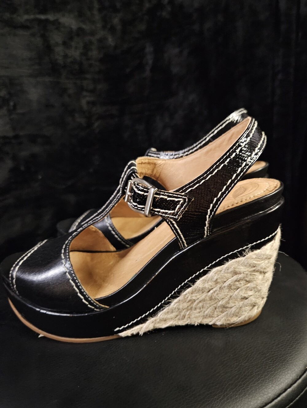 NWOT-Nurture by Lamaze Black Leather Peep-Toe T-Strap Wedge Sandals
